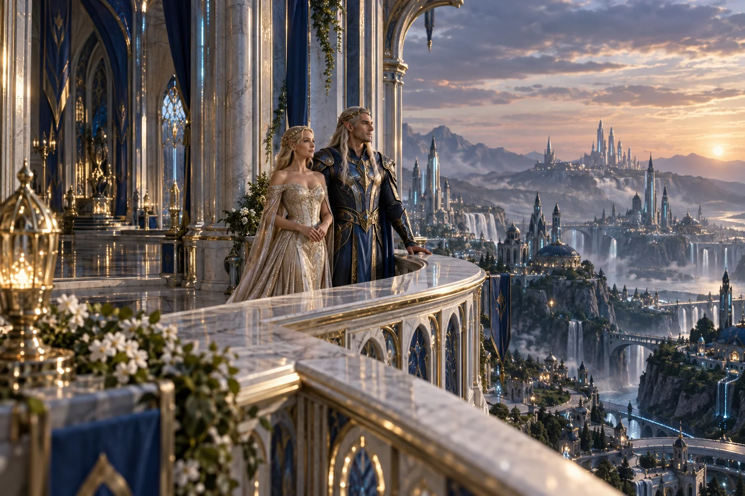 An elf queen and armoured king overlooking a luminous sapphire kingdom from a palace balcony
