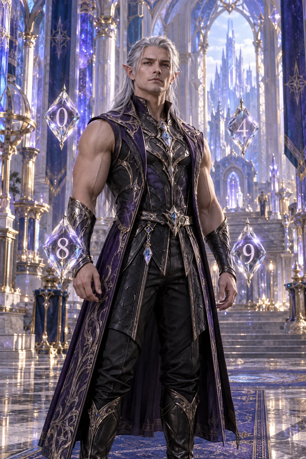 A muscular silver-haired crystal elf with four illuminated number crystals