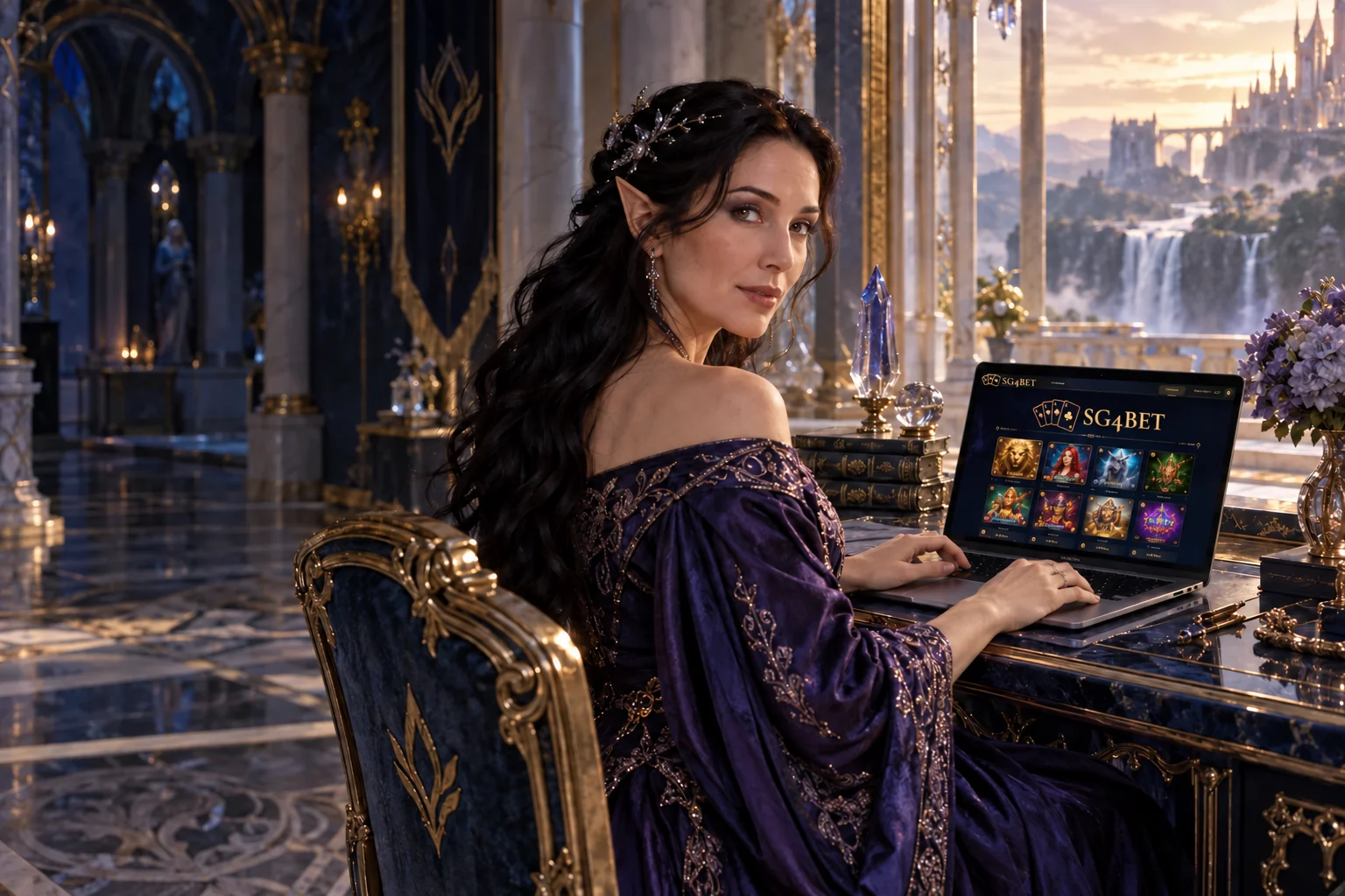 A violet elf using the SG4BET website on a laptop in a candlelit palace