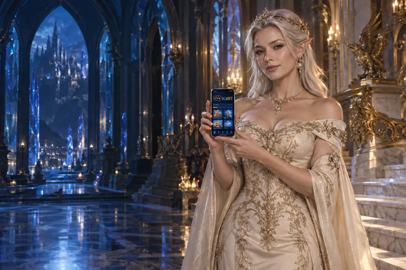 An ivory and gold elf queen holding a phone in an illuminated sapphire palace