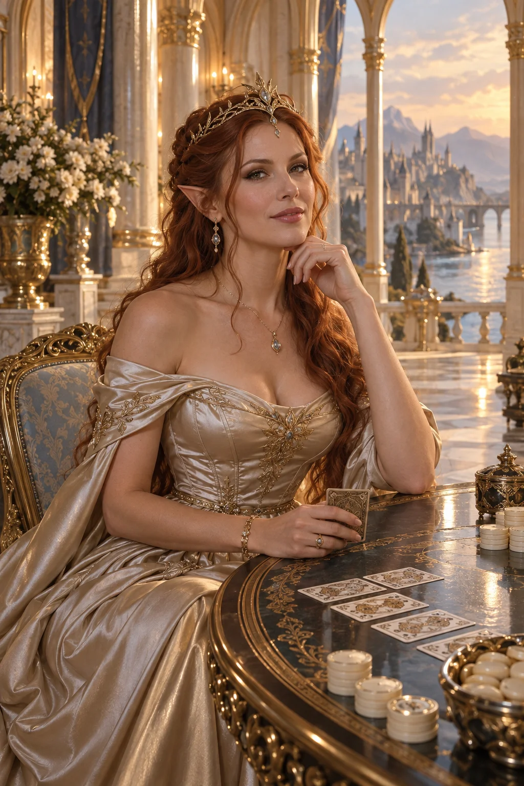 An auburn-haired adult elf queen in a champagne evening gown at a palace gaming table